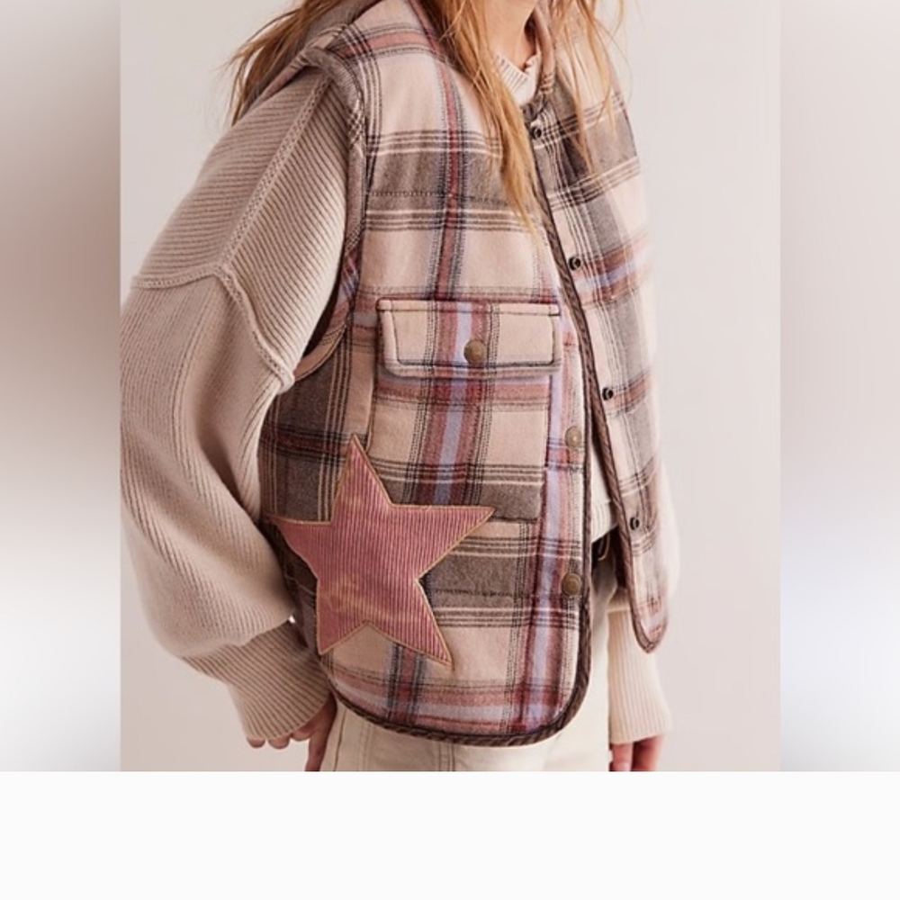 Free People Pink and Beige Plaid Quilted Vest with Star Patch